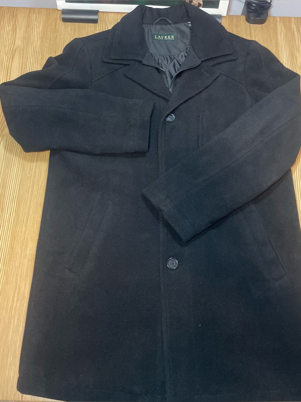 Ralph Lauren Mens 40L Black Wool Blend Insulated Peacoat Jacket Layered Collar